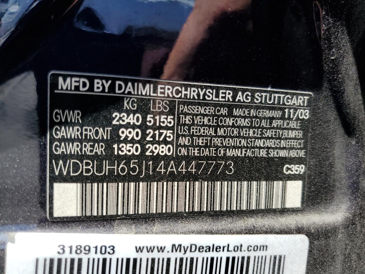 2004 Mercedes-Benz E 320 VIN: WDBUH65J14A447773 Lot: 64327175