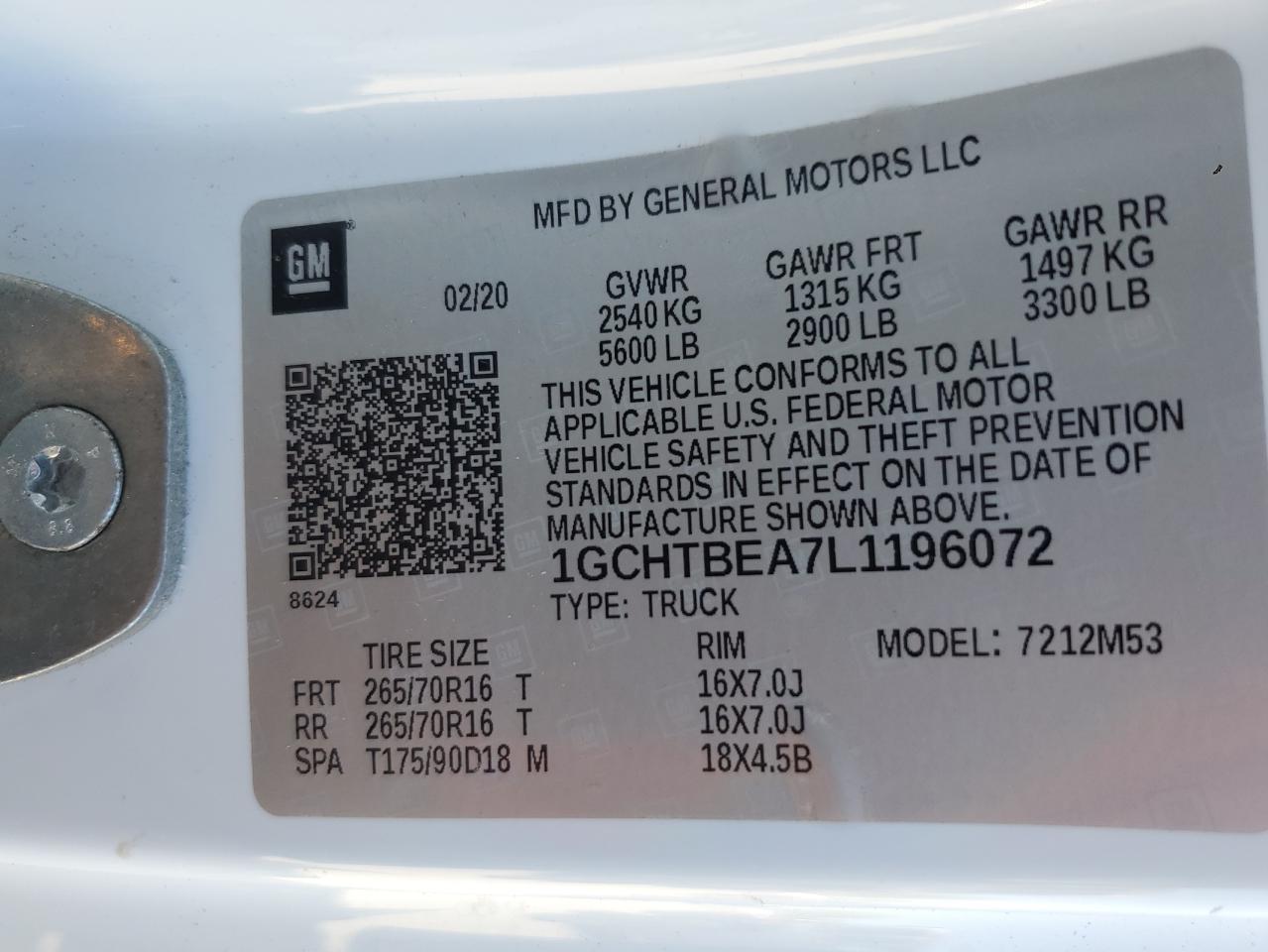 2020 Chevrolet Colorado VIN: 1GCHTBEA7L1196072 Lot: 65922755