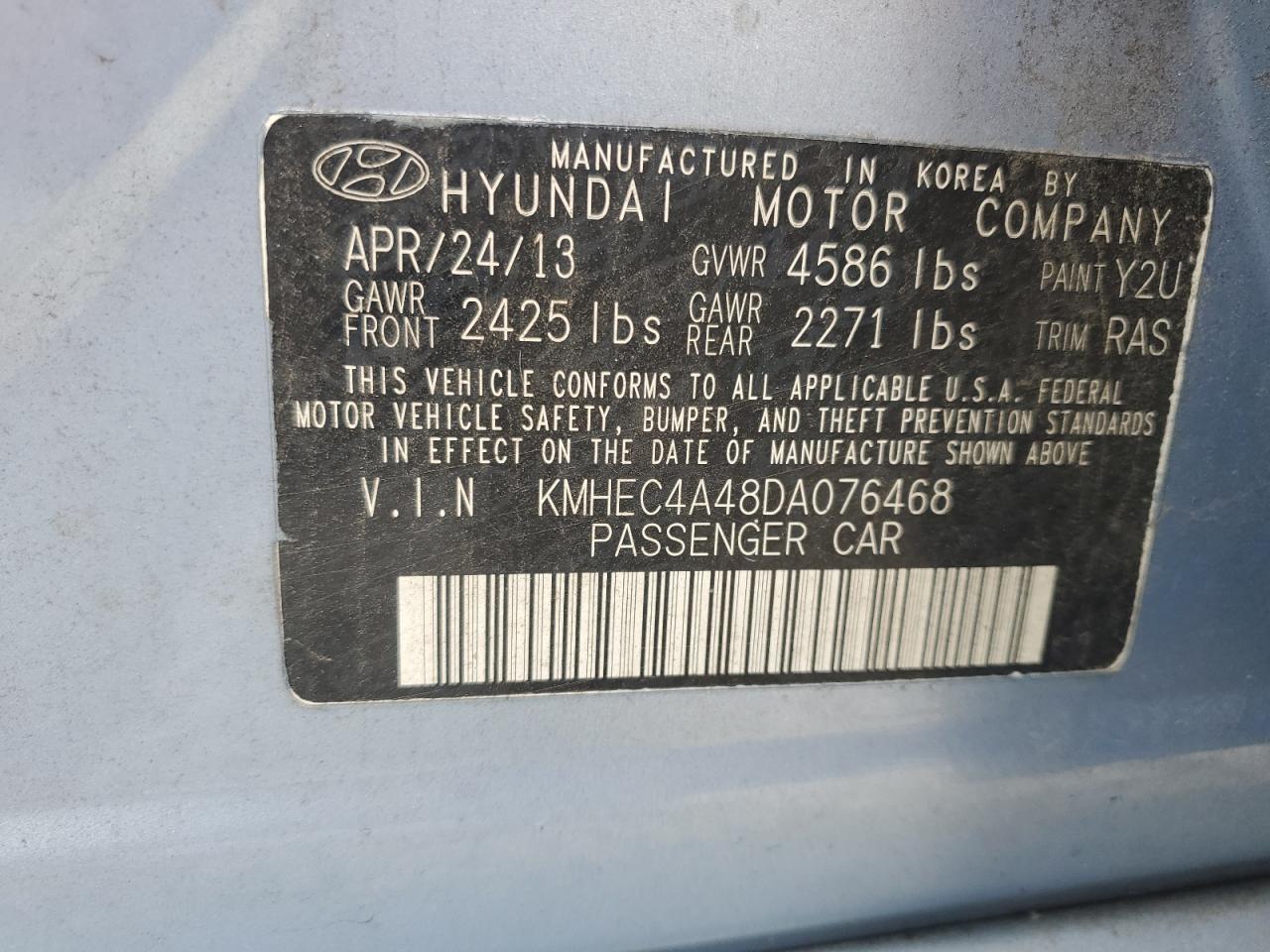 2013 Hyundai Sonata Hybrid VIN: KMHEC4A48DA076468 Lot: 65080995