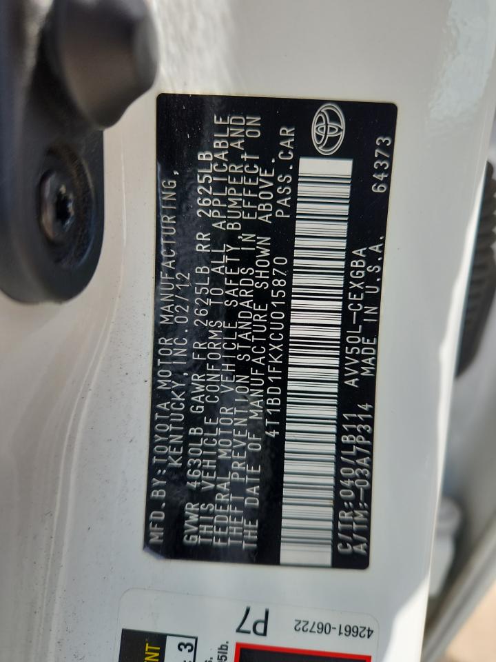 2012 Toyota Camry Hybrid VIN: 4T1BD1FKXCU015870 Lot: 65587775