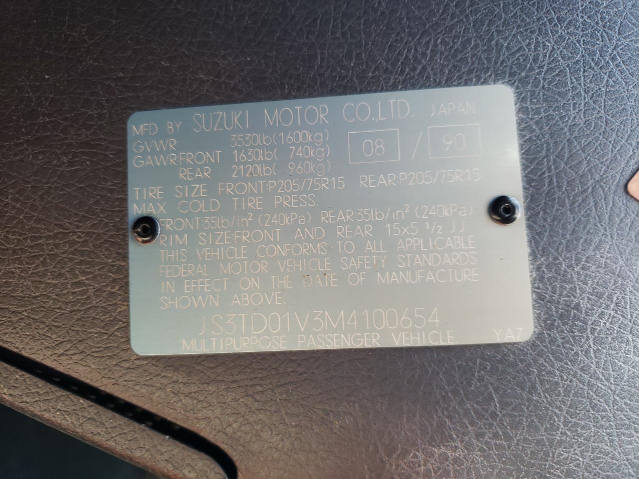 1991 Suzuki Sidekick Jx VIN: JS3TD01V3M4100654 Lot: 64606705