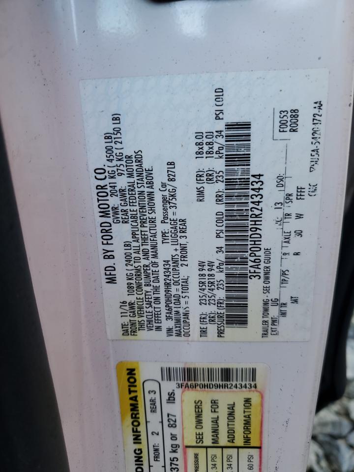 2017 Ford Fusion Se VIN: 3FA6P0HD9HR243434 Lot: 64532815