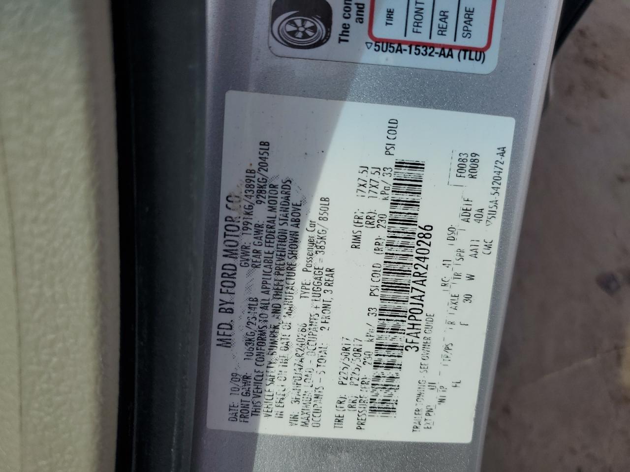 2010 Ford Fusion Sel VIN: 3FAHP0JA7AR240286 Lot: 64550535