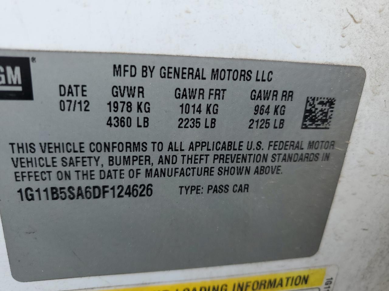 2013 Chevrolet Malibu Ls VIN: 1G11B5SA6DF124626 Lot: 64221905