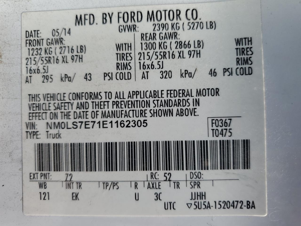 2014 Ford Transit Connect Xl VIN: NM0LS7E71E1162305 Lot: 65338065