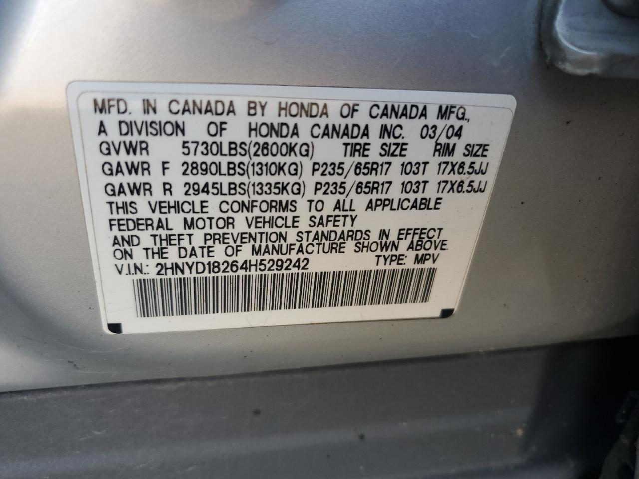 2004 Acura Mdx VIN: 2HNYD18264H529242 Lot: 63326475