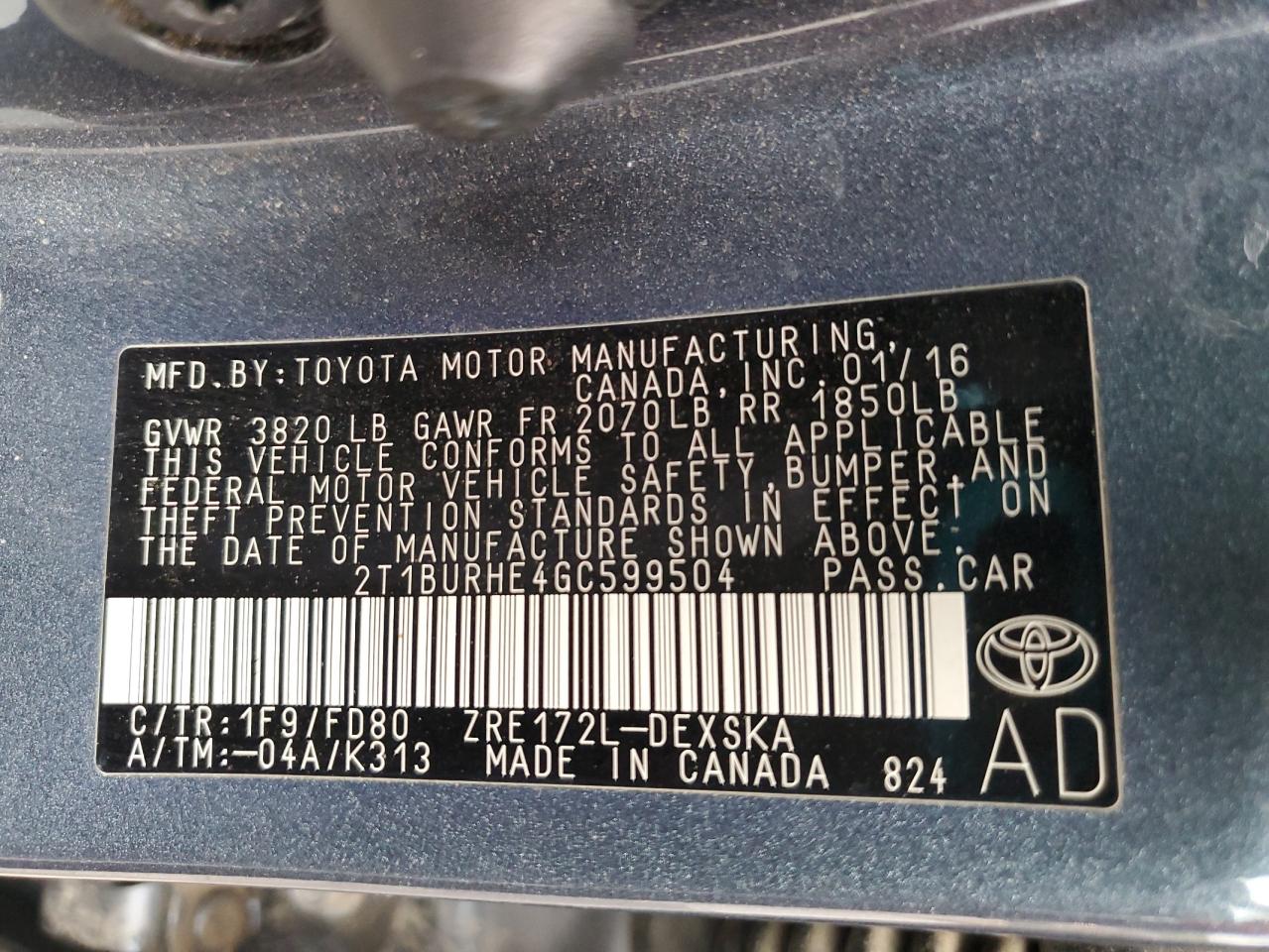 2016 Toyota Corolla L VIN: 2T1BURHE4GC599504 Lot: 65226465