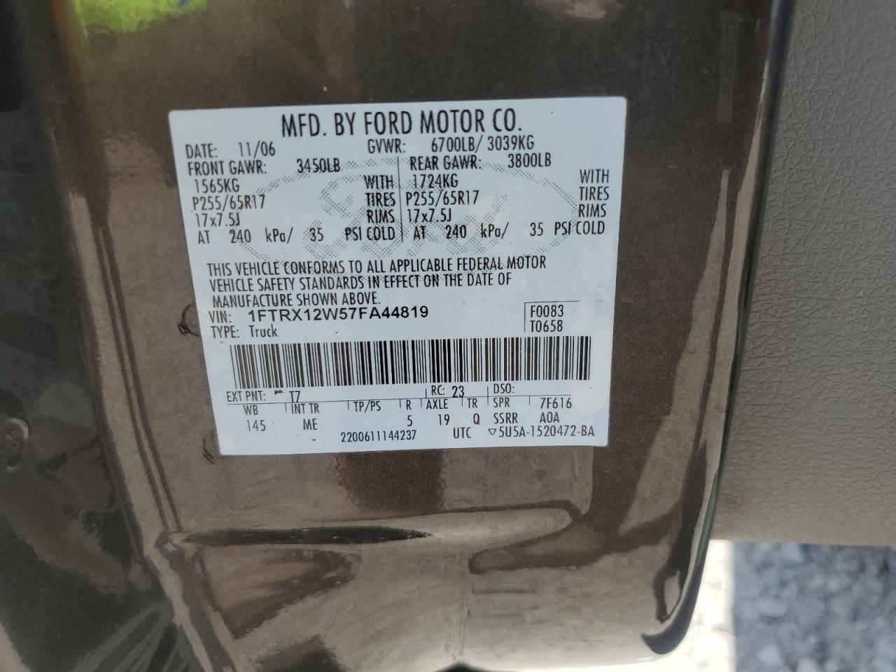 2007 Ford F150 VIN: 1FTRX12W57FA44819 Lot: 64965045