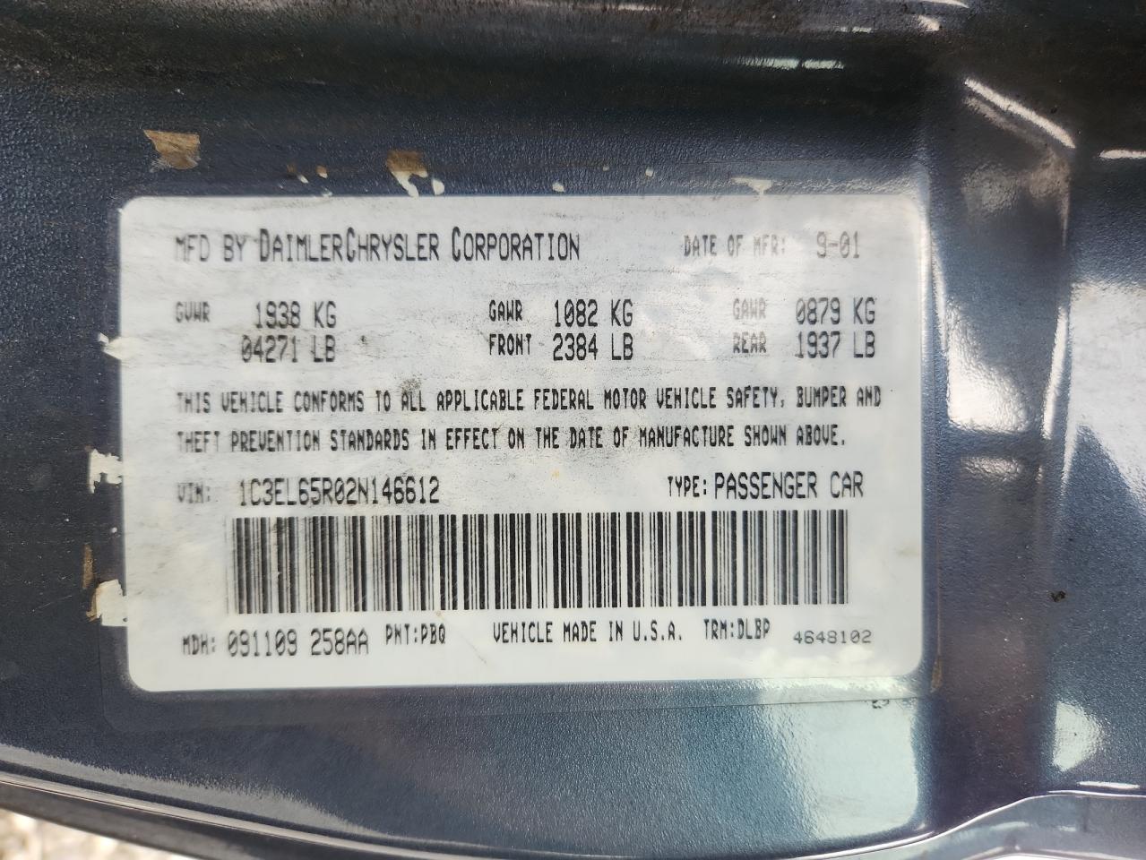 2002 Chrysler Sebring Limited VIN: 1C3EL65R02N146612 Lot: 61348815