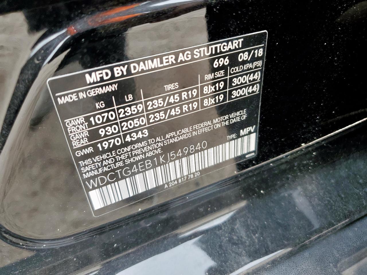 2019 Mercedes-Benz Gla 250 VIN: WDCTG4EB1KJ549840 Lot: 65403395