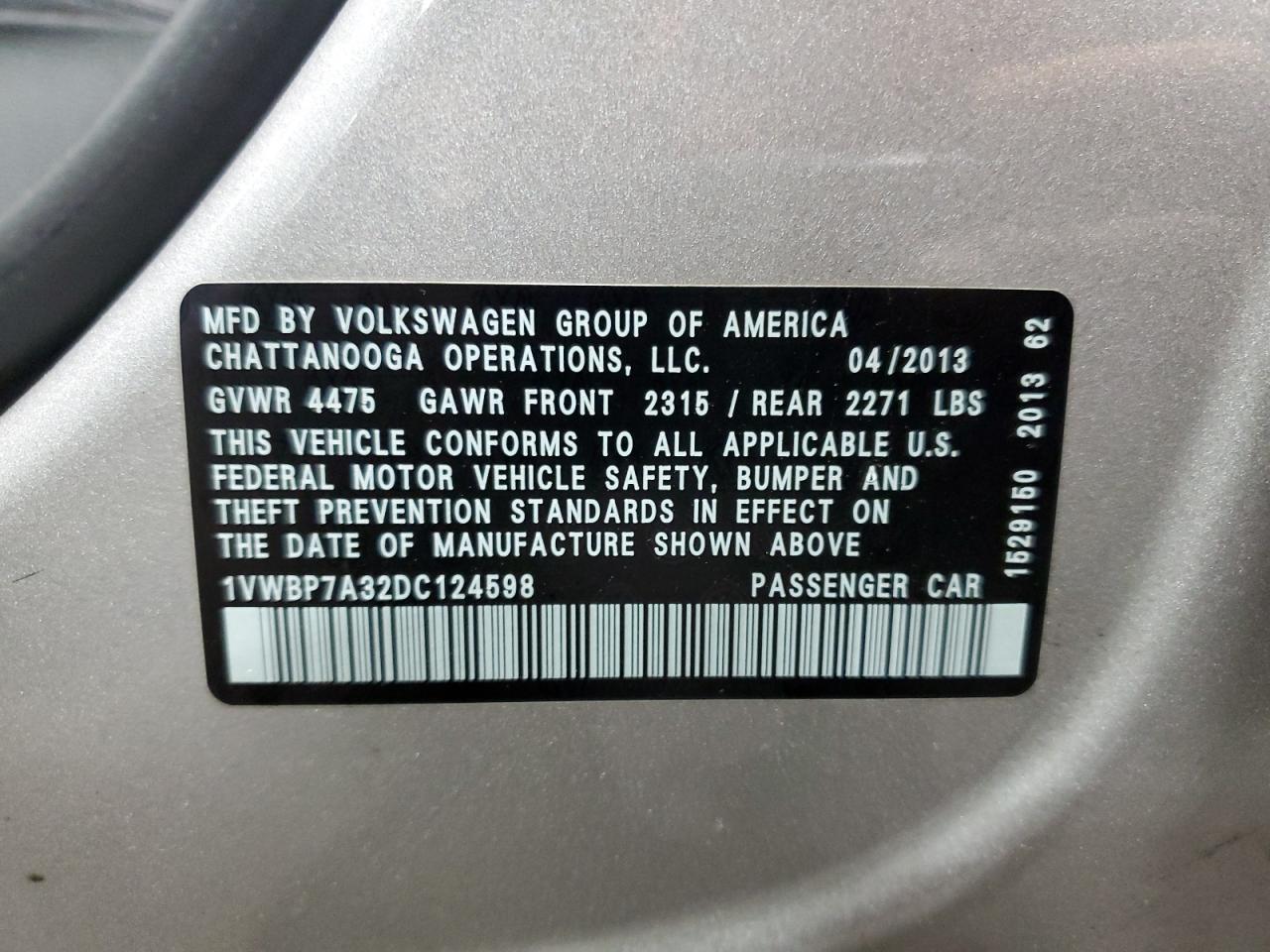 2013 Volkswagen Passat Se VIN: 1VWBP7A32DC124598 Lot: 63206565