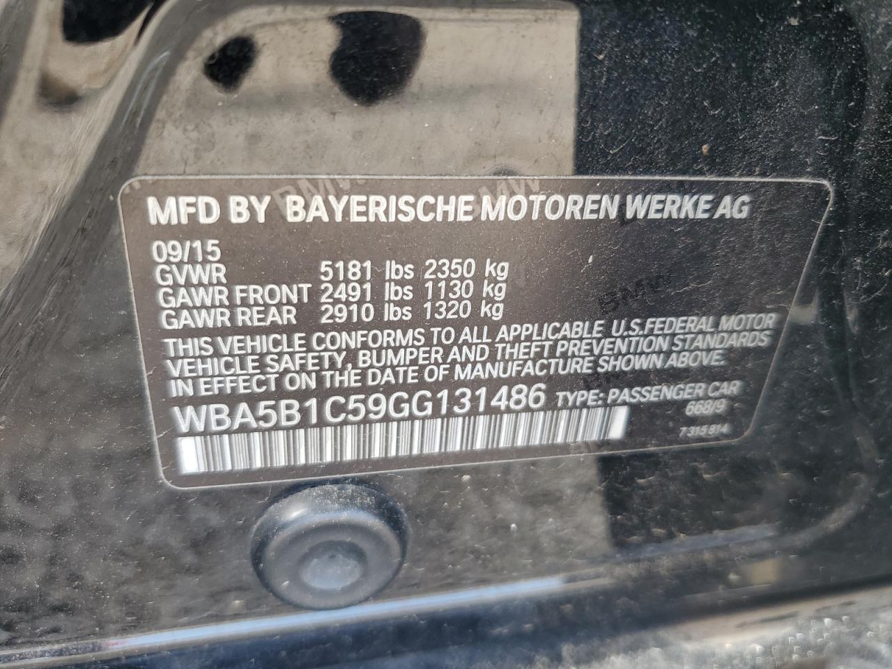 2016 BMW 535 I VIN: WBA5B1C59GG131486 Lot: 63966645