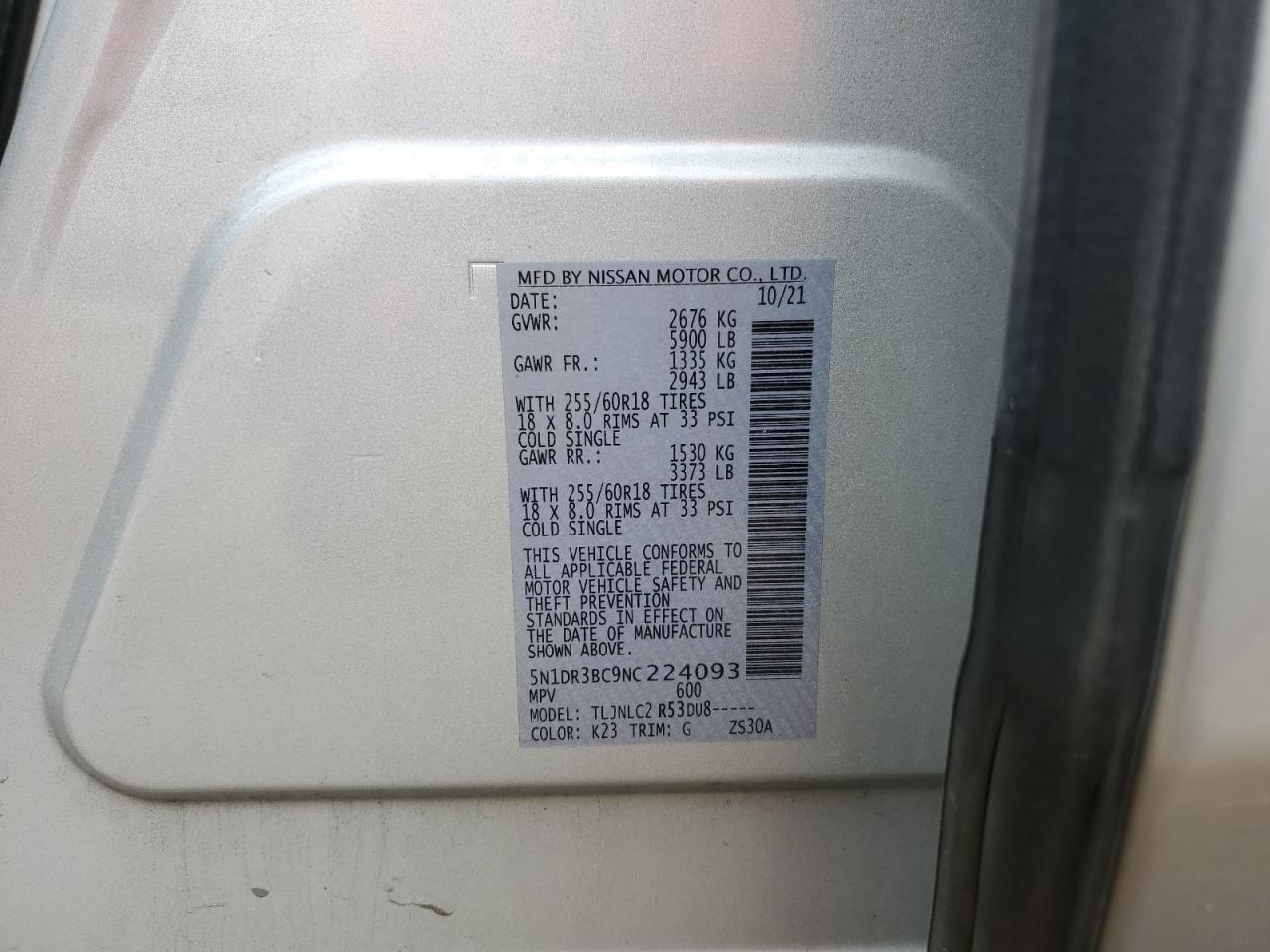 2022 Nissan Pathfinder Sv VIN: 5N1DR3BC9NC224093 Lot: 65174495