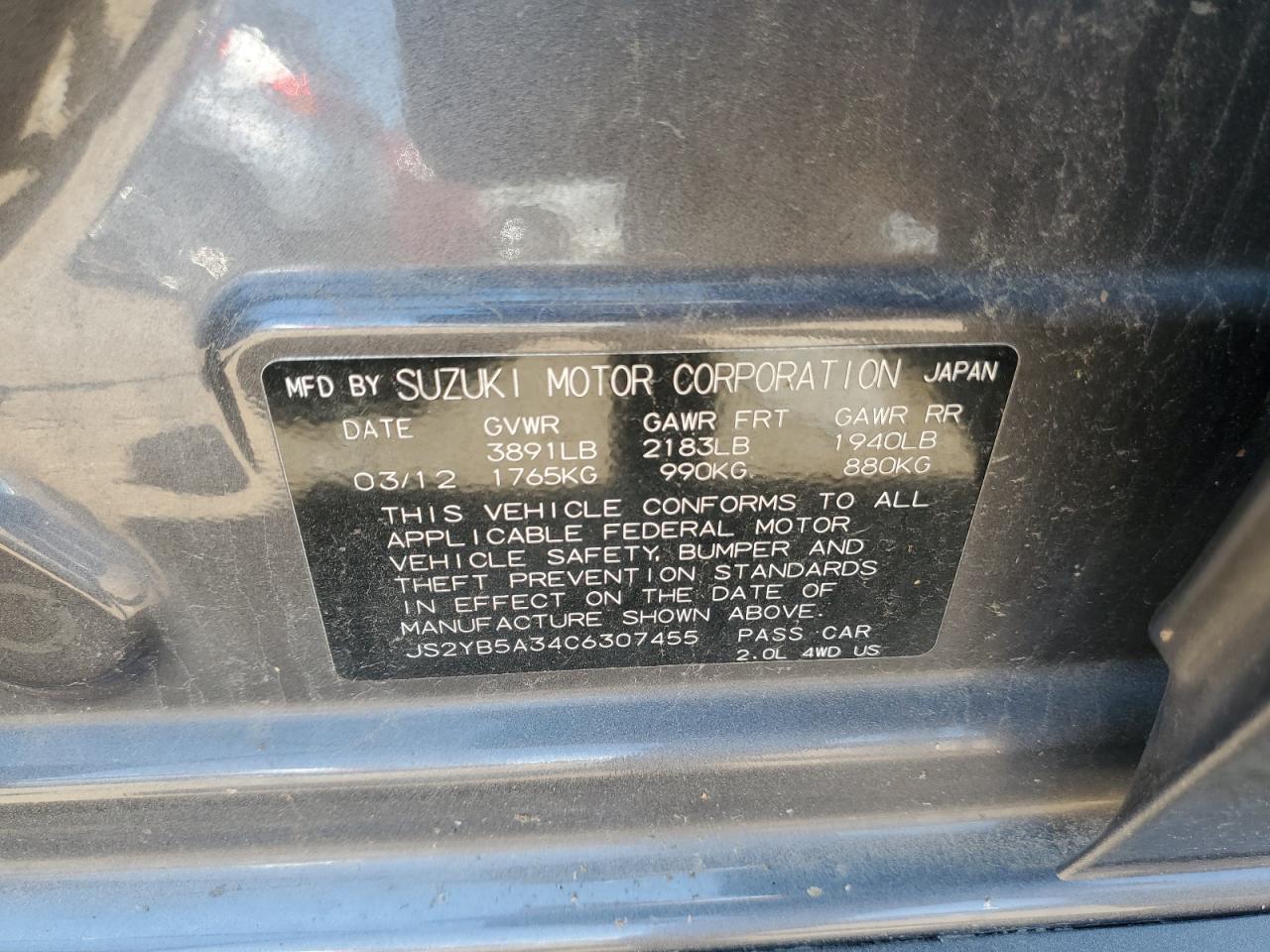 js2yb5a34c6307455 JS2YB5A34C6307455 2012 Suzuki Sx4