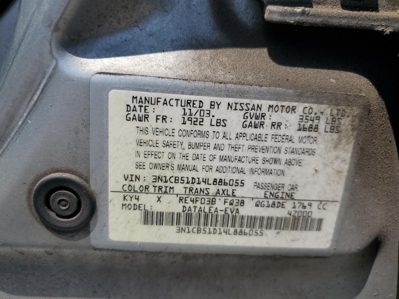 2004 Nissan Sentra 1.8 VIN: 3N1CB51D14L886055 Lot: 63888015