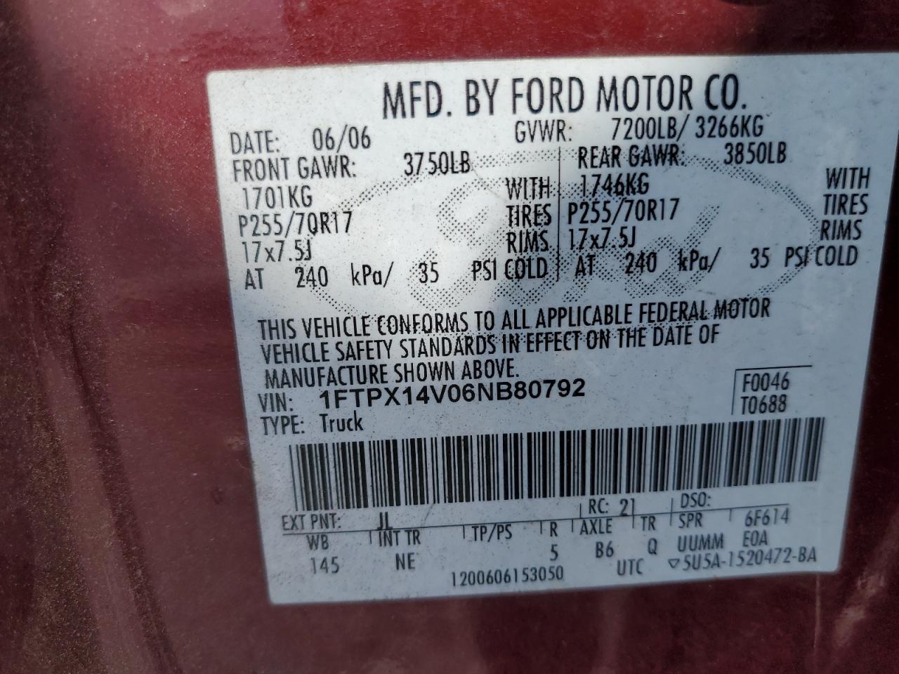 2006 Ford F150 VIN: 1FTPX14V06NB80792 Lot: 66283135