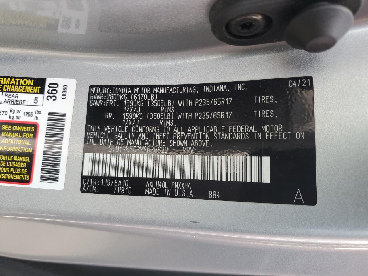 2021 Toyota Sienna Xle VIN: 5TDYRKEC3MS036629 Lot: 63612855
