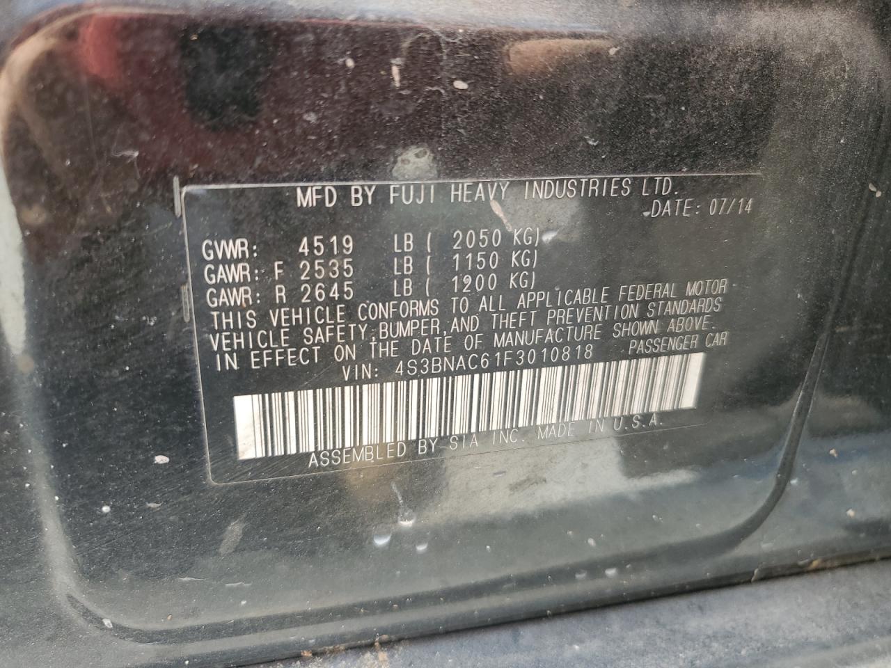 2015 Subaru Legacy 2.5I Premium VIN: 4S3BNAC61F3010818 Lot: 65973965