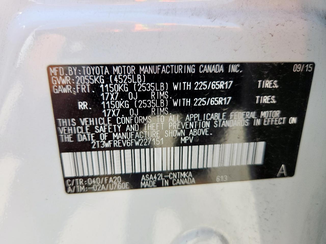 2015 Toyota Rav4 Xle VIN: 2T3WFREV6FW227151 Lot: 65589505