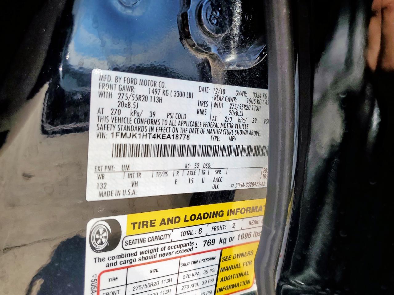 1FMJK1HT4KEA18778 2019 Ford Expedition Max Xlt