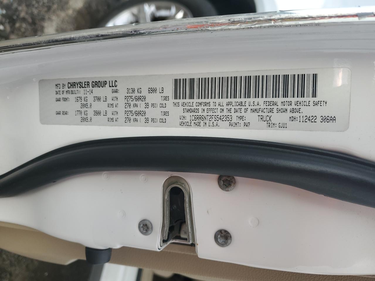 2015 Ram 1500 Laramie VIN: 1C6RR6NT2FS542353 Lot: 66445715