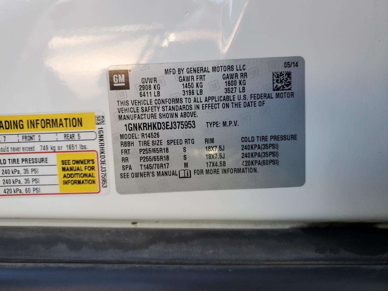 2014 Chevrolet Traverse Lt VIN: 1GNKRHKD3EJ375953 Lot: 67070915