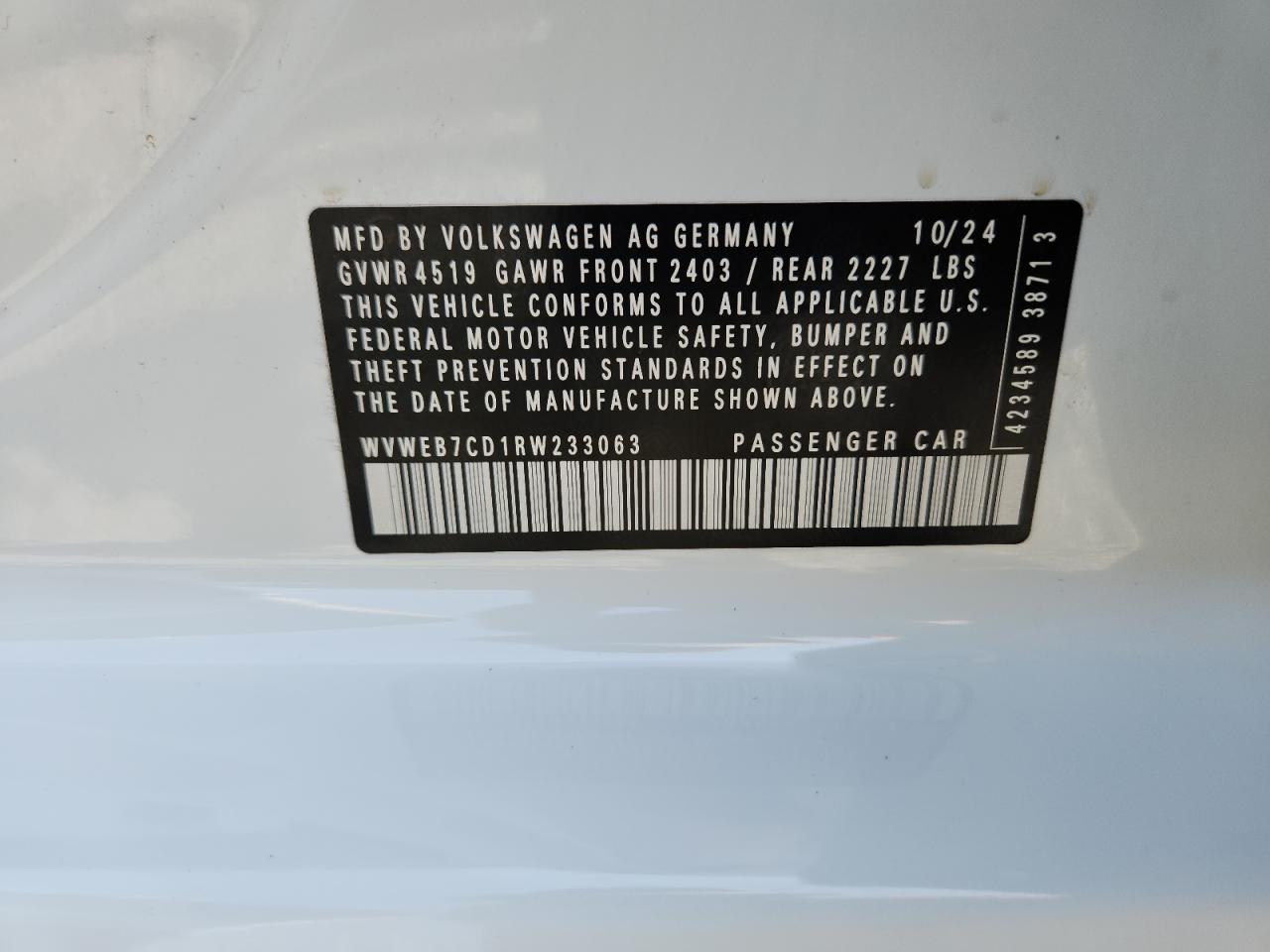 2024 Volkswagen Golf R VIN: WVWEB7CD1RW233063 Lot: 66684305