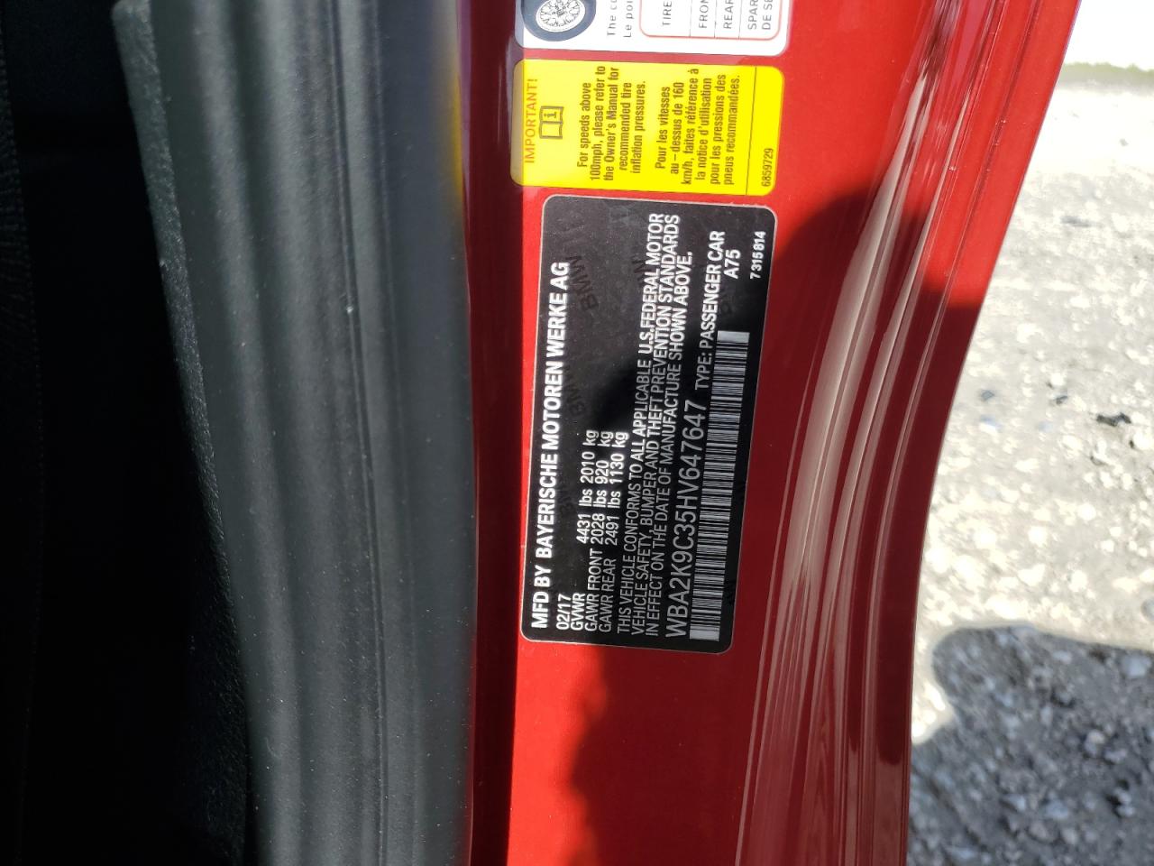 2017 BMW 230I VIN: WBA2K9C35HV647647 Lot: 63375125