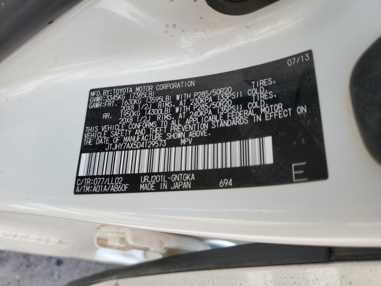 2013 Lexus Lx 570 VIN: JTJHY7AX5D4129573 Lot: 65146415