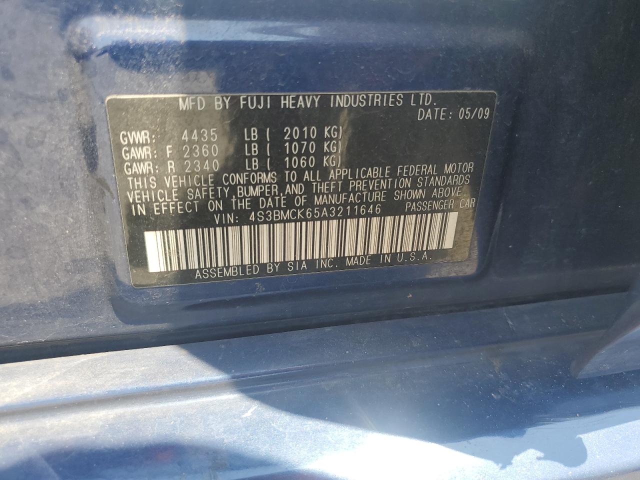 2010 Subaru Legacy 2.5I Limited VIN: 4S3BMCK65A3211646 Lot: 64209905
