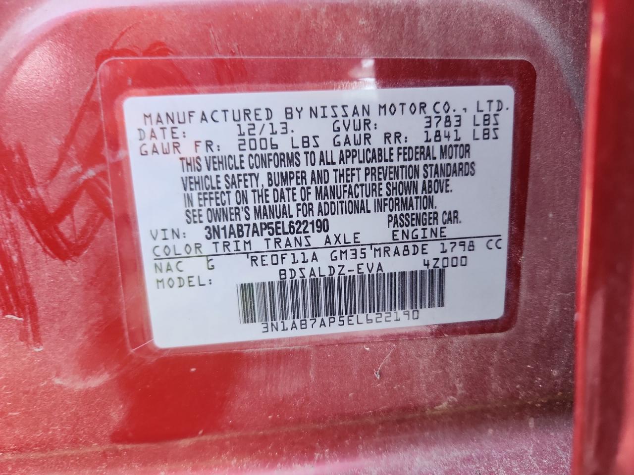 2014 Nissan Sentra S VIN: 3N1AB7AP5EL622190 Lot: 64820295