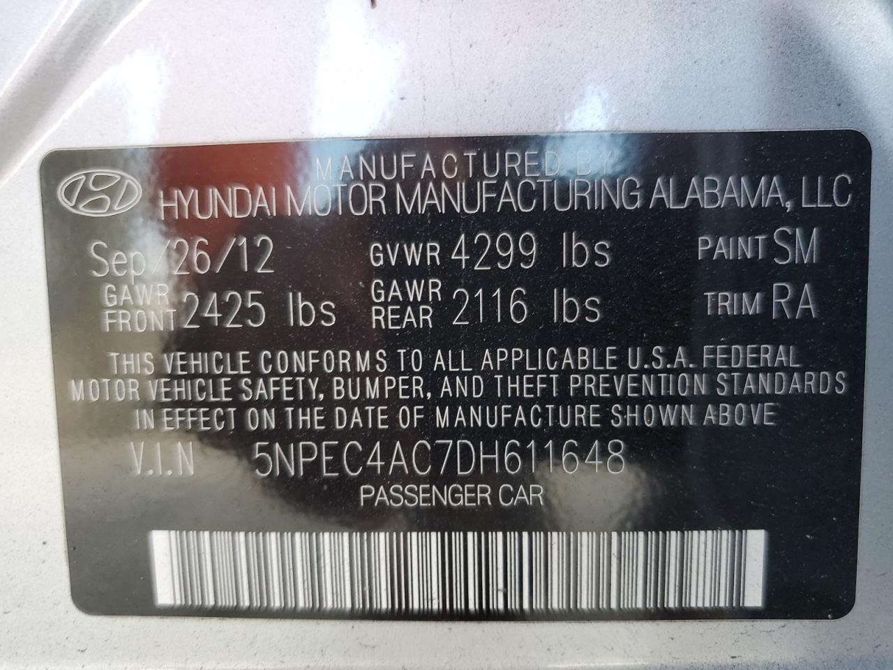 2013 Hyundai Sonata Se VIN: 5NPEC4AC7DH611648 Lot: 61864655