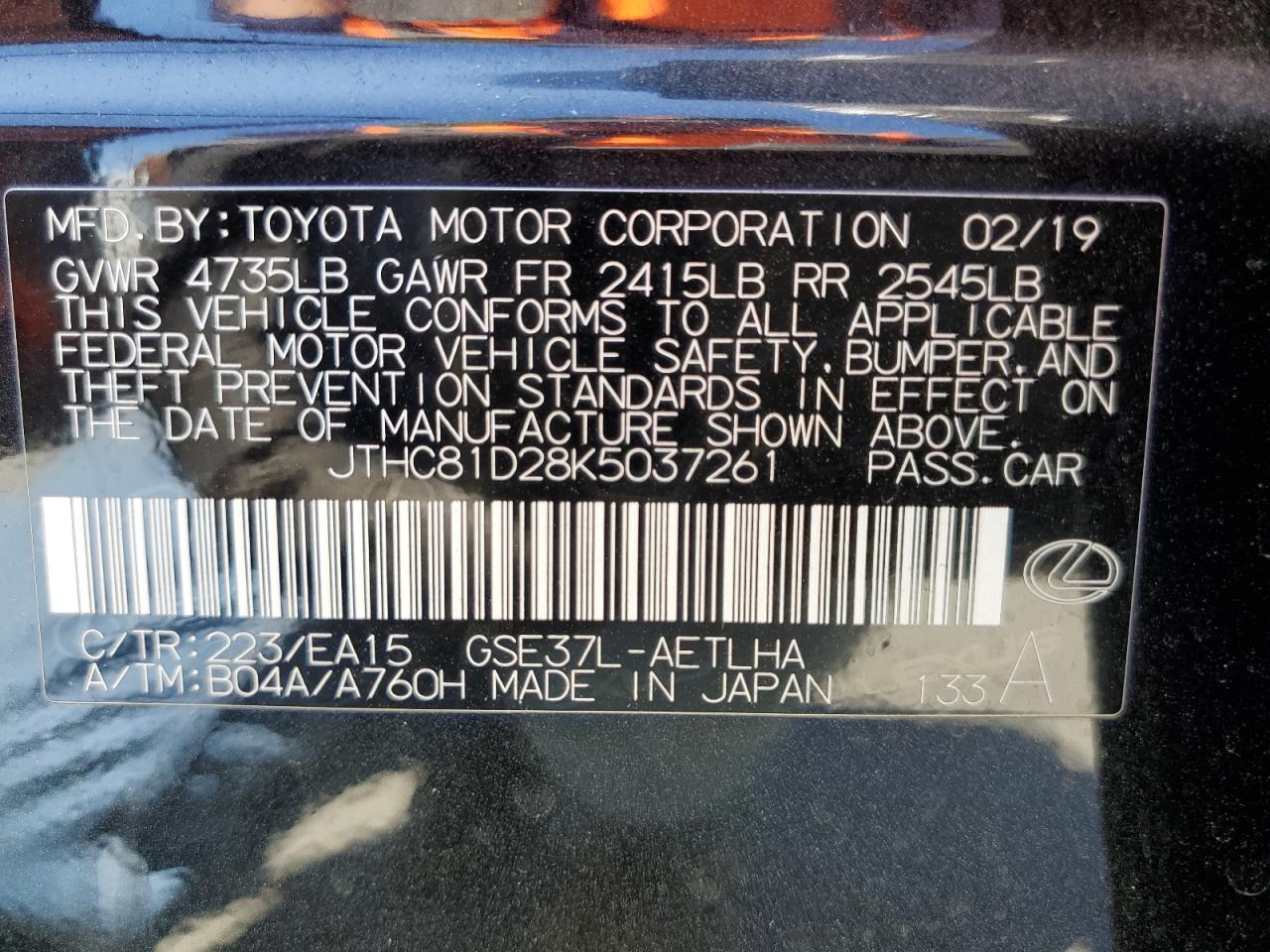 2019 Lexus Is 300 VIN: JTHC81D28K5037261 Lot: 64127105
