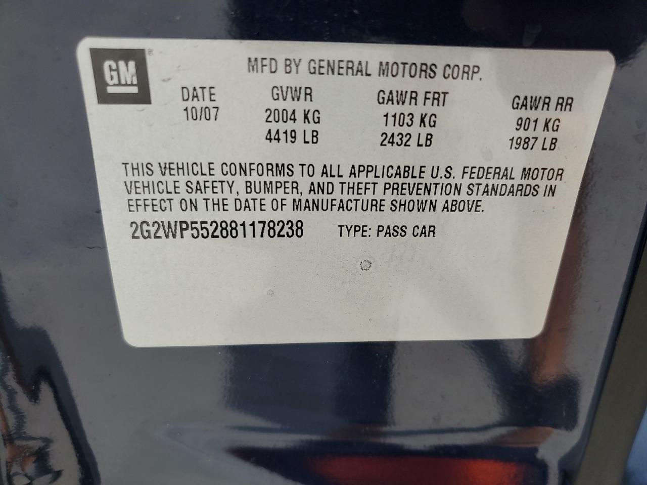 2008 Pontiac Grand Prix VIN: 2G2WP552881178238 Lot: 64658335