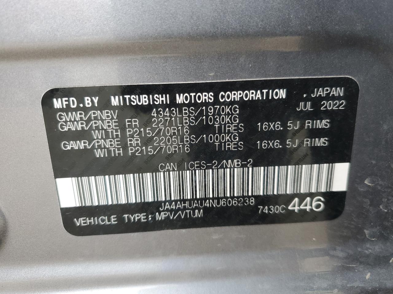 2022 Mitsubishi Rvr Es VIN: JA4AHUAU4NU606238 Lot: 64544215