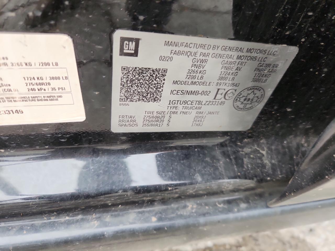 2020 GMC Sierra K1500 Elevation VIN: 1GTU9CET8LZ233149 Lot: 61205985