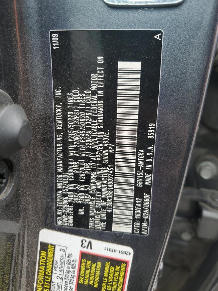 2010 Toyota Venza VIN: 4T3BK3BB1AU027451 Lot: 64324885