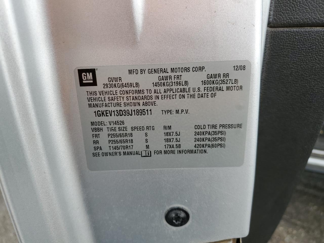 1gkev13d39j189511 1GKEV13D39J189511 2009 GMC Acadia Sle