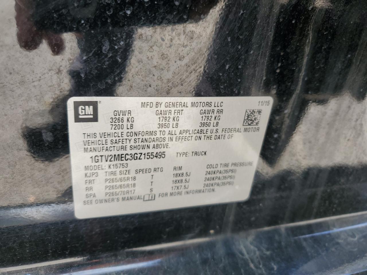 2016 GMC Sierra K1500 Sle VIN: 1GTV2MEC3GZ155495 Lot: 65117285
