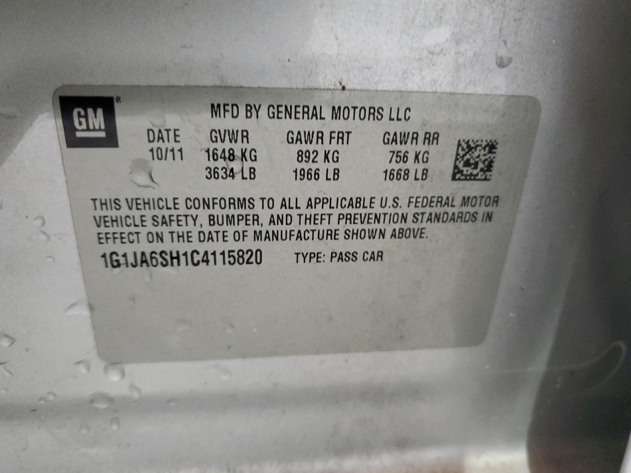 2012 Chevrolet Sonic Ls VIN: 1G1JA6SH1C4115820 Lot: 65016075