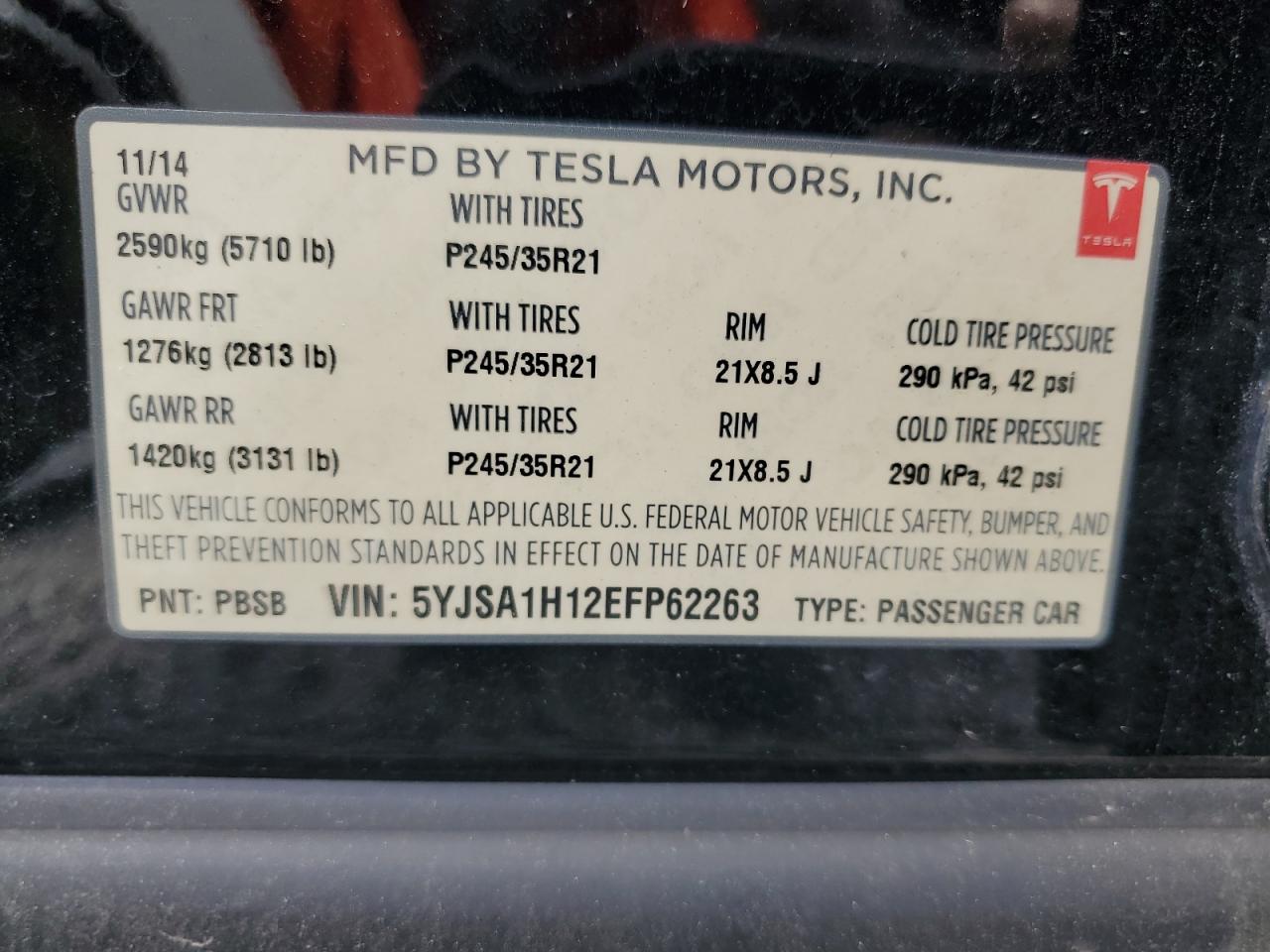 2014 Tesla Model S VIN: 5YJSA1H12EFP62263 Lot: 63258675