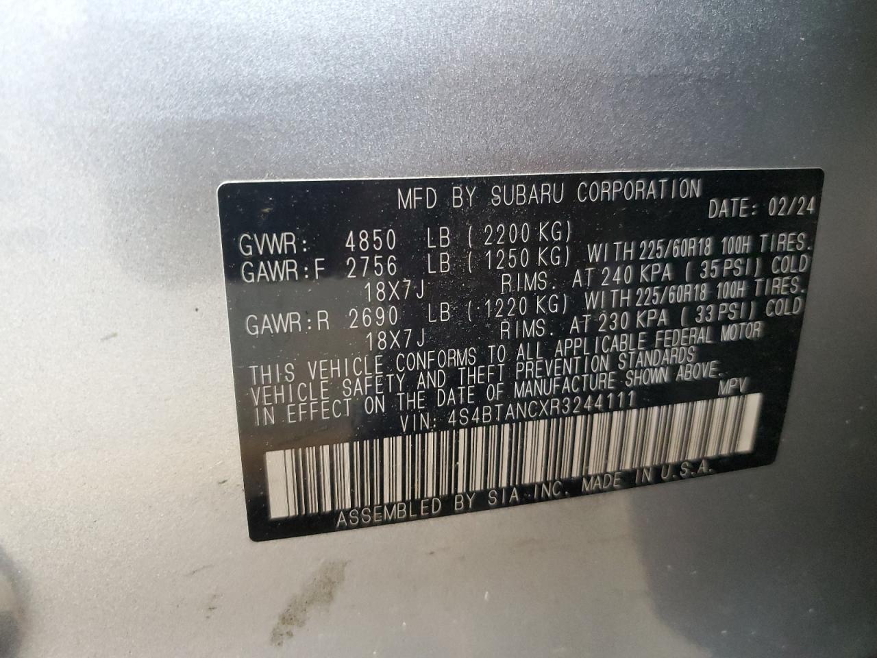 2024 Subaru Outback Limited VIN: 4S4BTANCXR3244111 Lot: 62564775