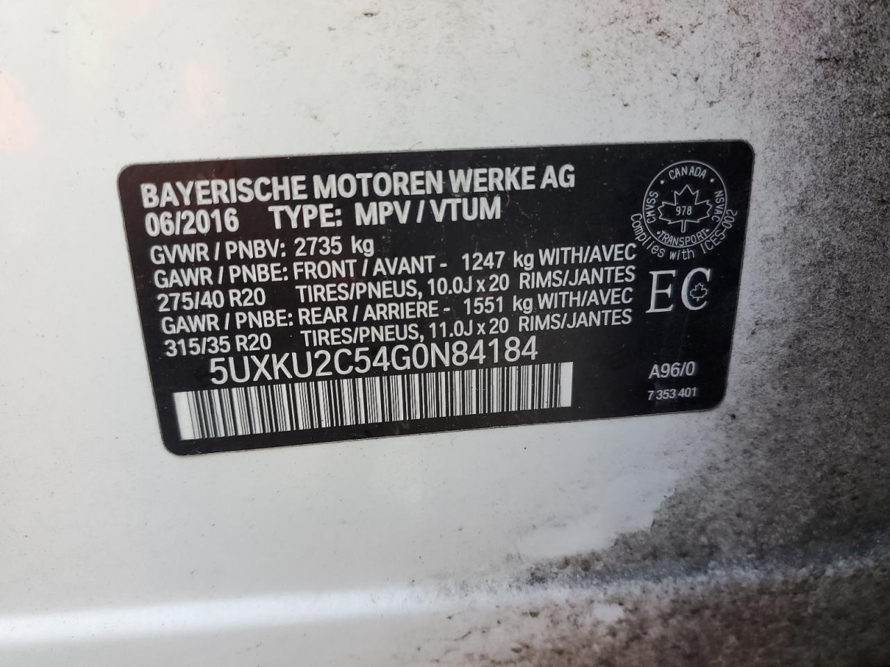 2016 BMW X6 xDrive35I VIN: 5UXKU2C54G0N84184 Lot: 65418035