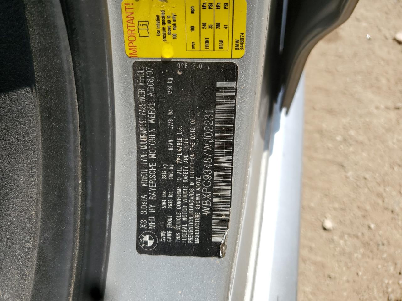 2007 BMW X3 3.0Si VIN: WBXPC93487WJ02231 Lot: 63021305