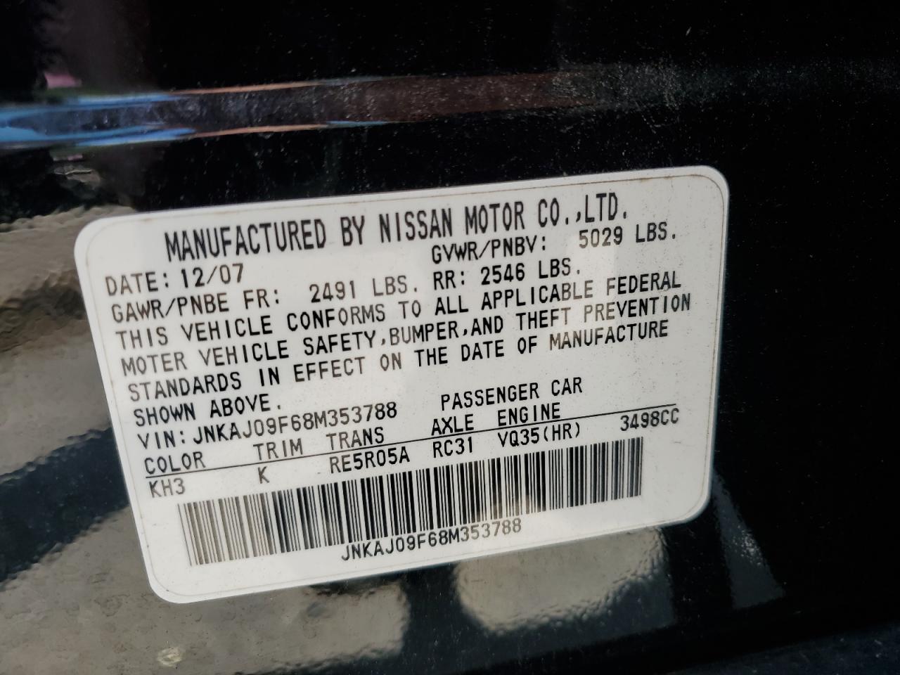 2008 Infiniti Ex35 Base VIN: JNKAJ09F68M353788 Lot: 64054025