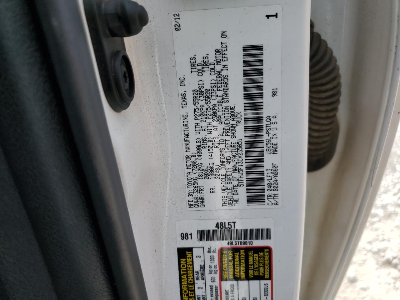 2012 Toyota Tundra Crewmax Limited VIN: 5TFHW5F13CX235051 Lot: 64188655