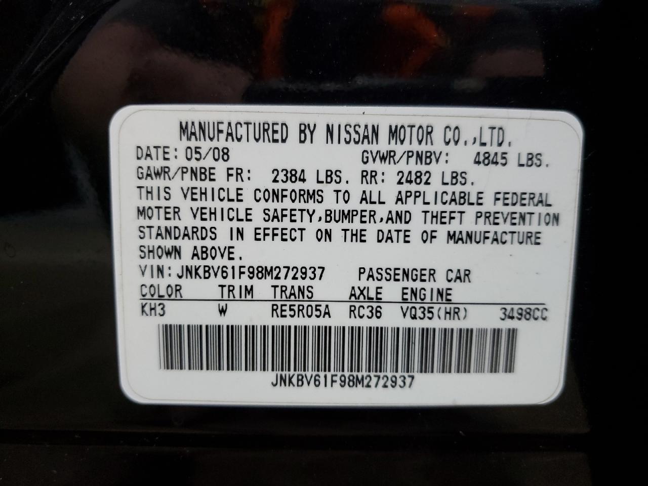 2008 Infiniti G35 VIN: JNKBV61F98M272937 Lot: 62983405