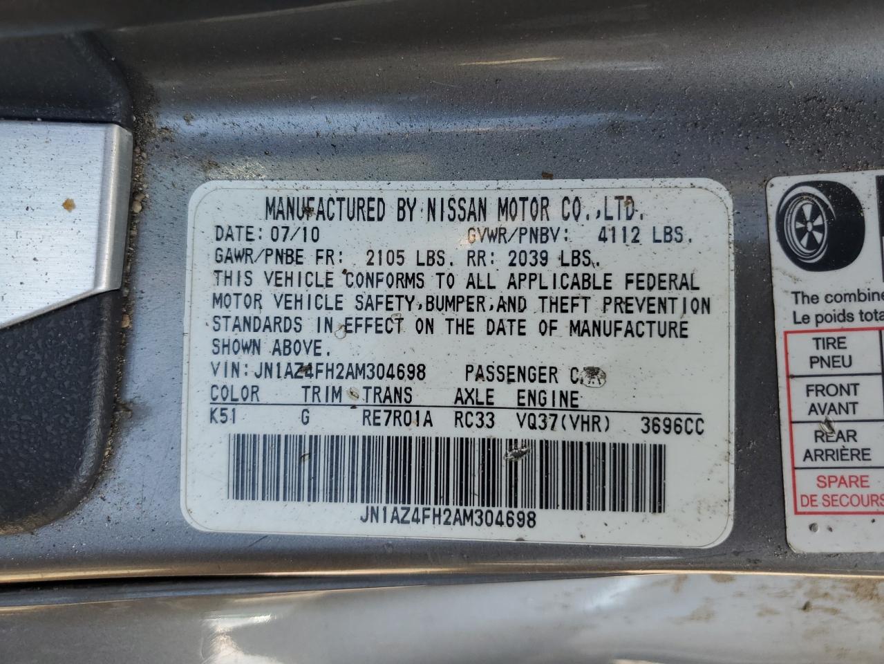 jn1az4fh2am304698 JN1AZ4FH2AM304698 2010 Nissan 370Z