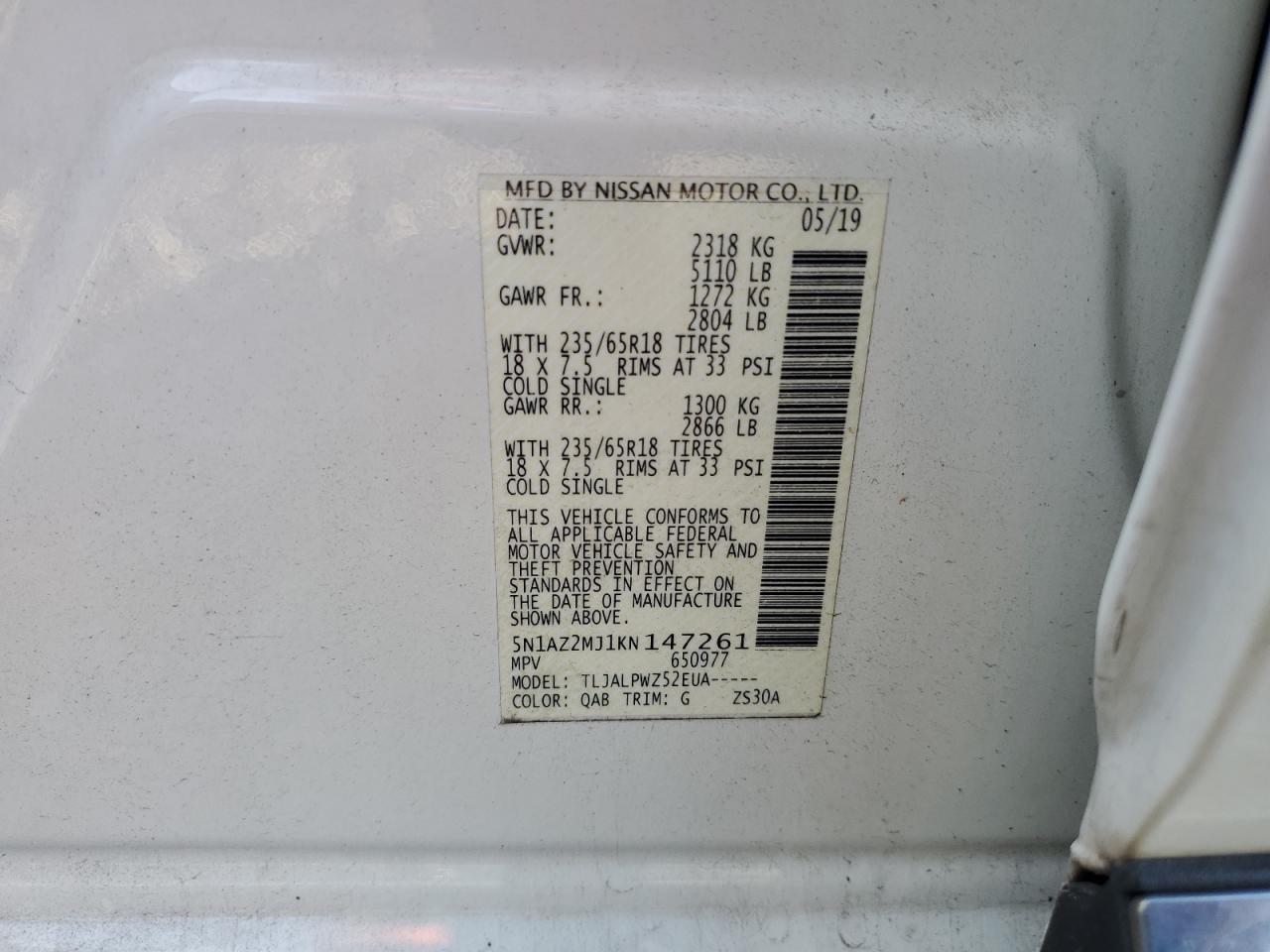 2019 Nissan Murano S VIN: 5N1AZ2MJ1KN147261 Lot: 63497575