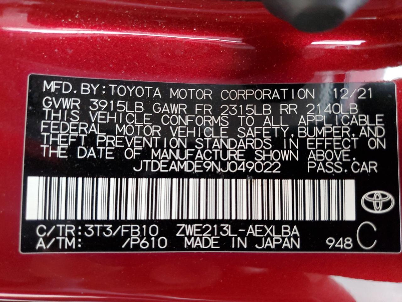2022 Toyota Corolla Le VIN: JTDEAMDE9NJ049022 Lot: 65586425